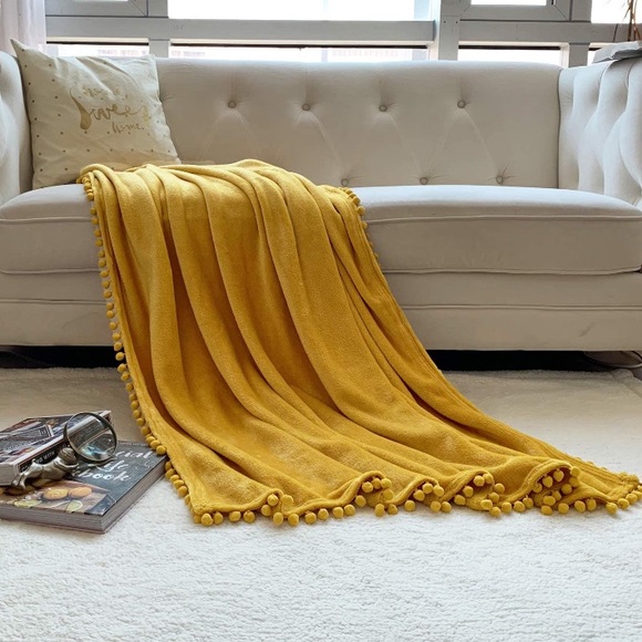 Sunflower Yellow Pompom Fringe Chic Cozy Soft Throw Blanket/Cover - Picture 4 of 16